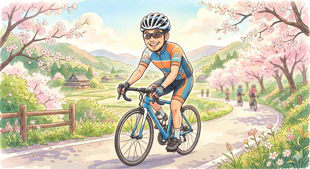 ヘルメットとサングラスをつけて春のライドを楽しむ40代パパサイクリスト