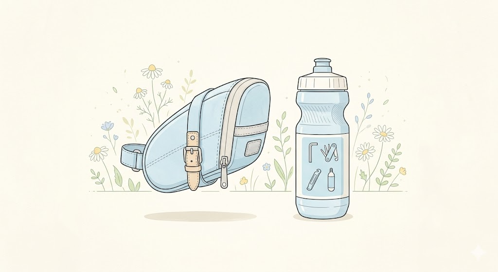 ロードバイク用サドルバッグとツールボトルのイラスト