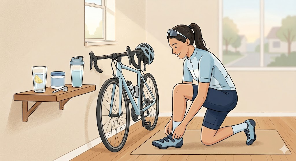ライド前の水分補給とアミノ酸サプリ準備のイラスト