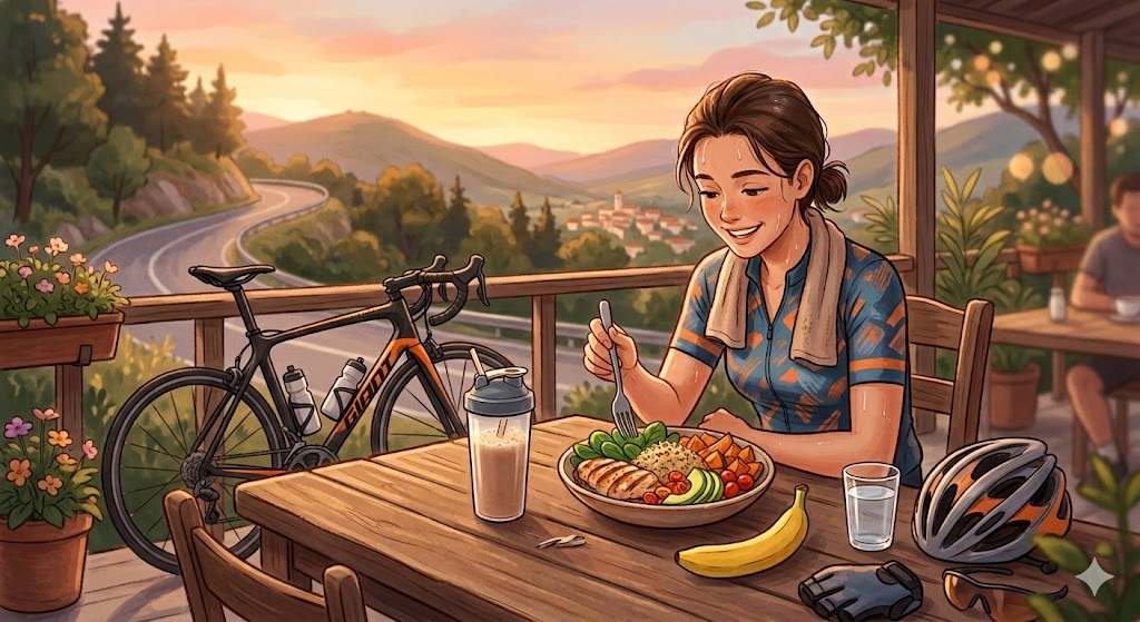 ライド後のプロテインとバナナで栄養補給するサイクリスト