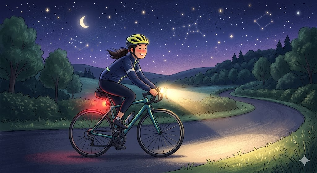 夜間に前後ライトを点灯して安全に走る自転車のイラスト