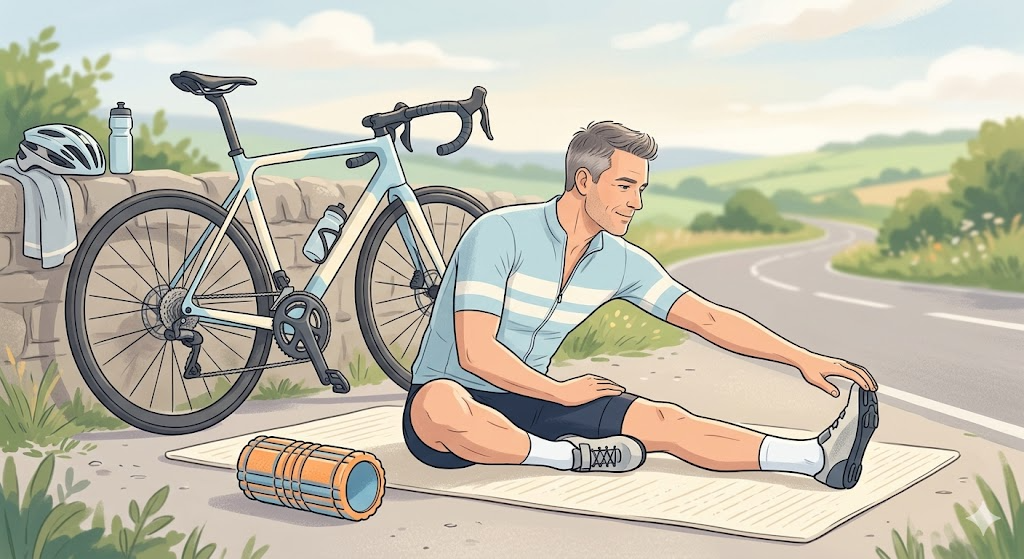 ロードバイドライド後にクールダウンストレッチをする40代男性のイラスト