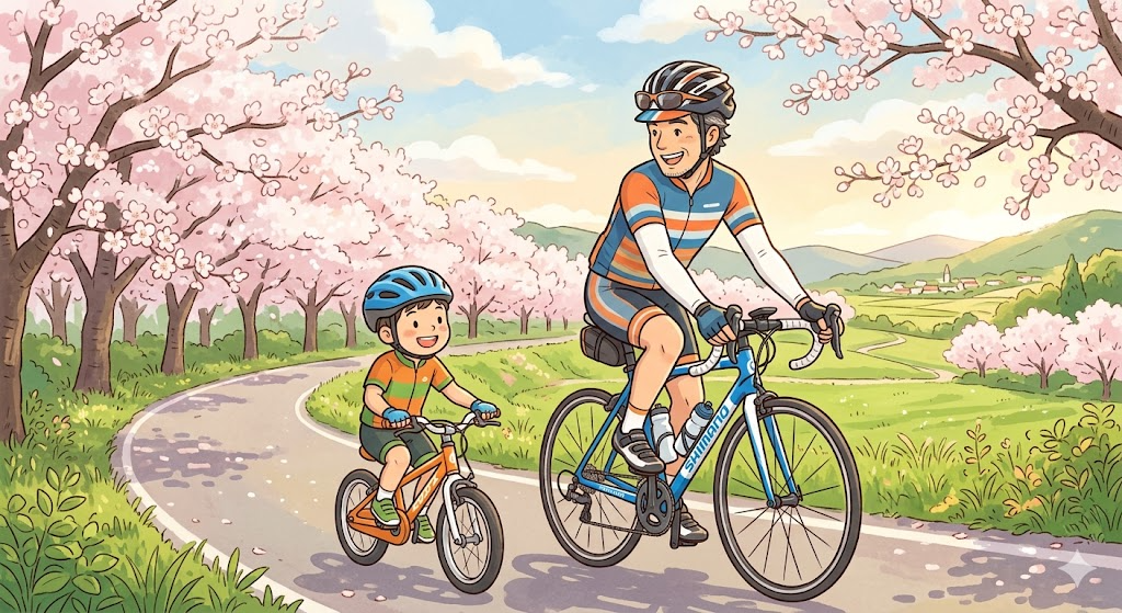 春の桜並木を家族でサイクリングする40代パパ