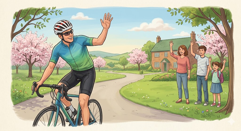 家族に見送られて安全なライドへ出発するパパサイクリスト