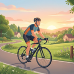 40代男性がロードバイクで朝の爽快ライドを楽しむイラスト