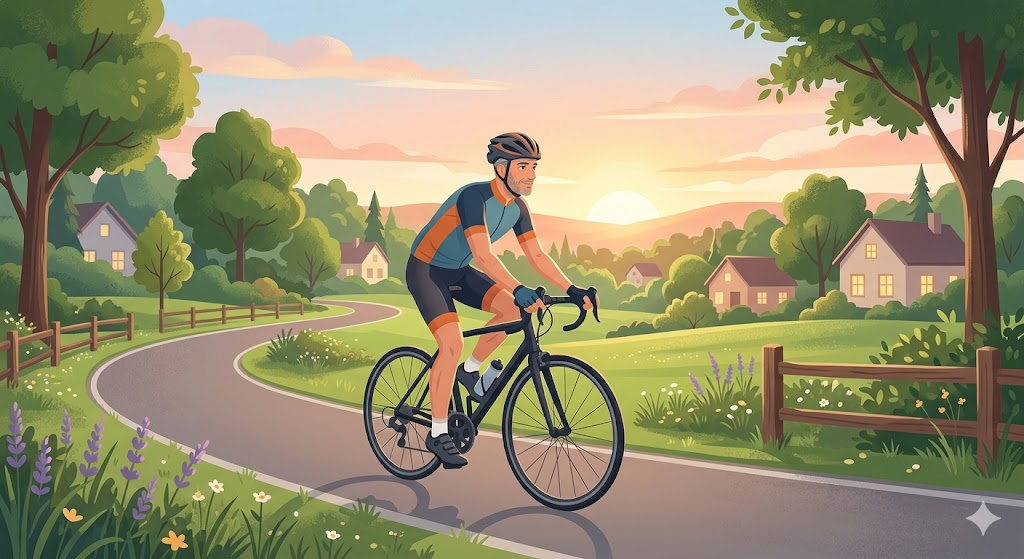 40代男性がロードバイクで朝の爽快ライドを楽しむイラスト