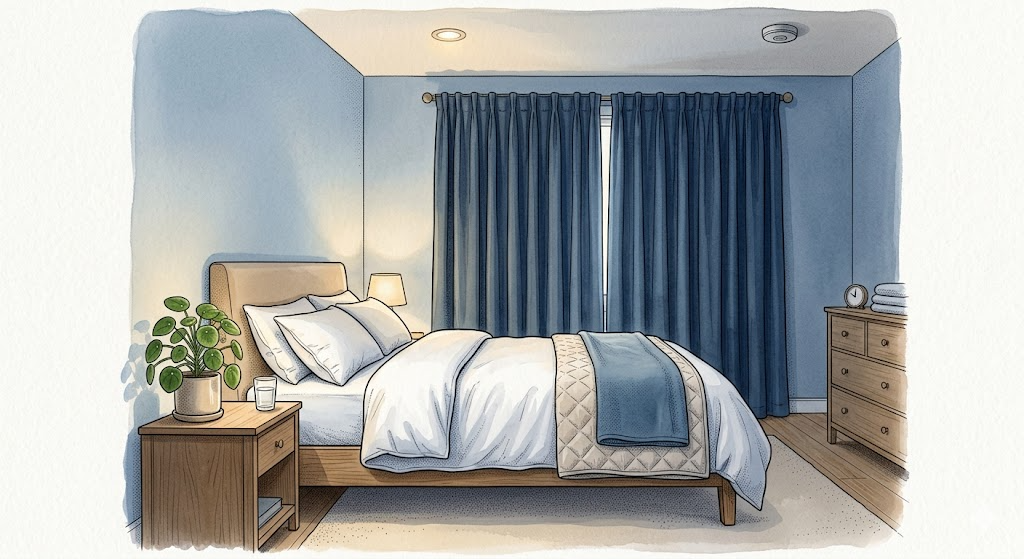 快適な睡眠環境が整えられた寝室のイラスト