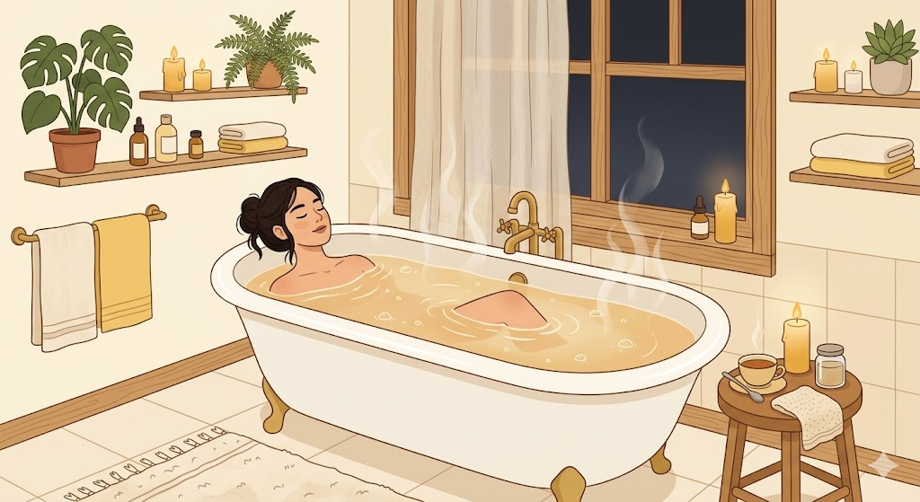 就寝前にぬるめのお風呂でリラックスするイラスト