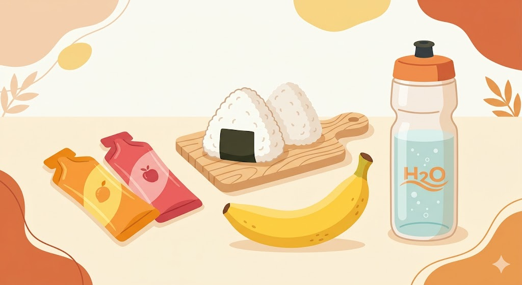 サイクリング補給食：エネルギーゲル・おにぎり・バナナ・ボトル