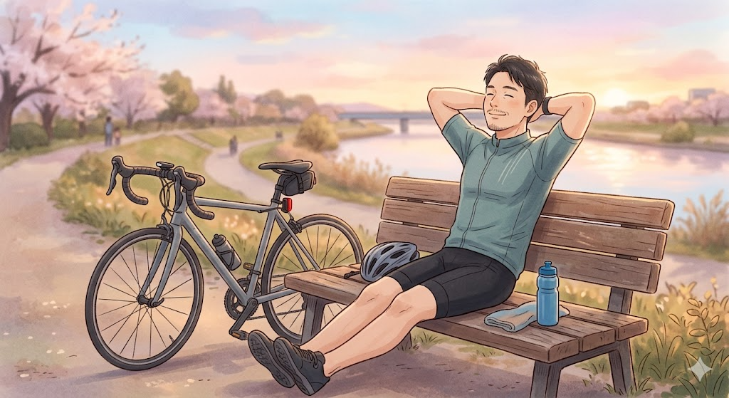 ライド後にベンチでくつろぐ40代男性