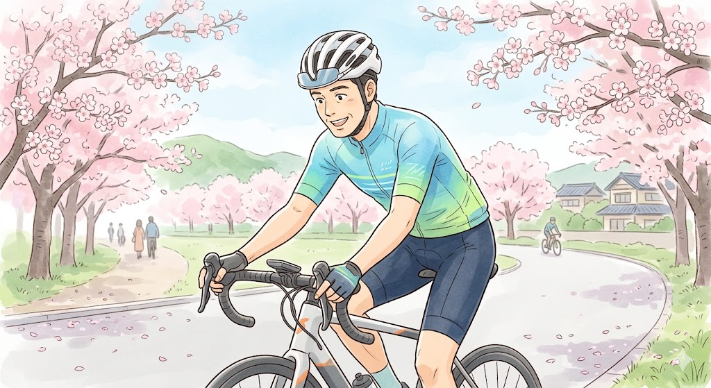 春ライドでサイコンを確認する40代男性