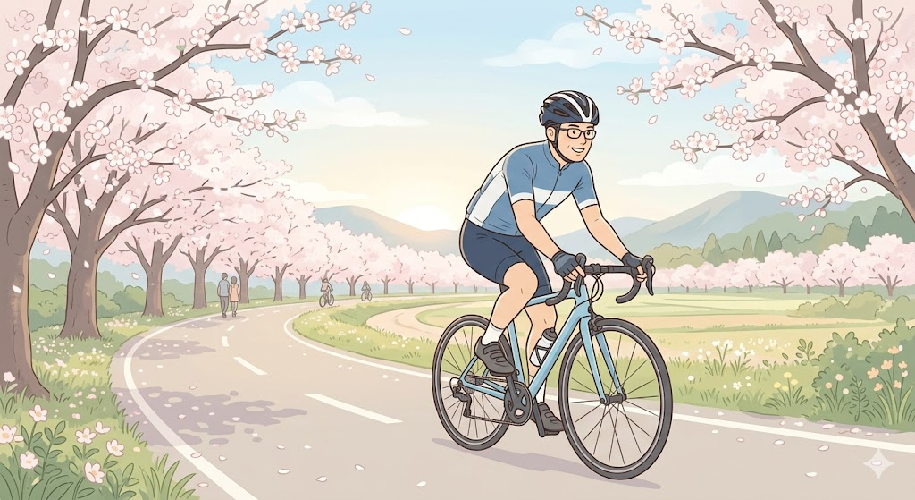 春の桜並木をロードバイクで走る40代男性