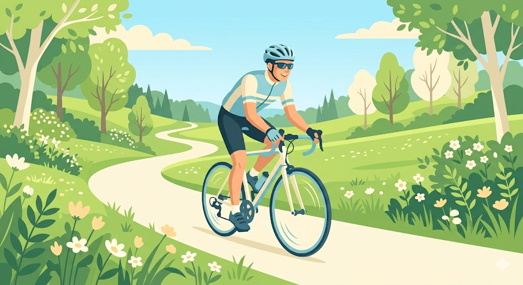 緑の公園道をロードバイクで走るサイクリスト