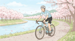 春の桜並木をロードバイクで走るイメージ
