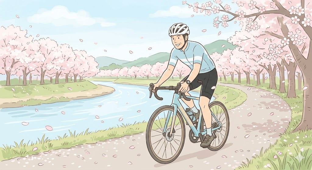 春の桜並木をロードバイクで走るイメージ
